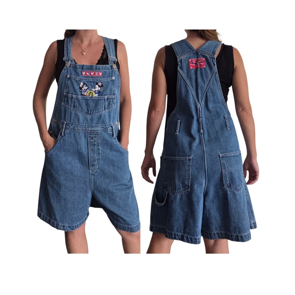 Vintage Disney Mickey Unlimited Jerry Leigh Denim Overall Shorts Womens L 90s